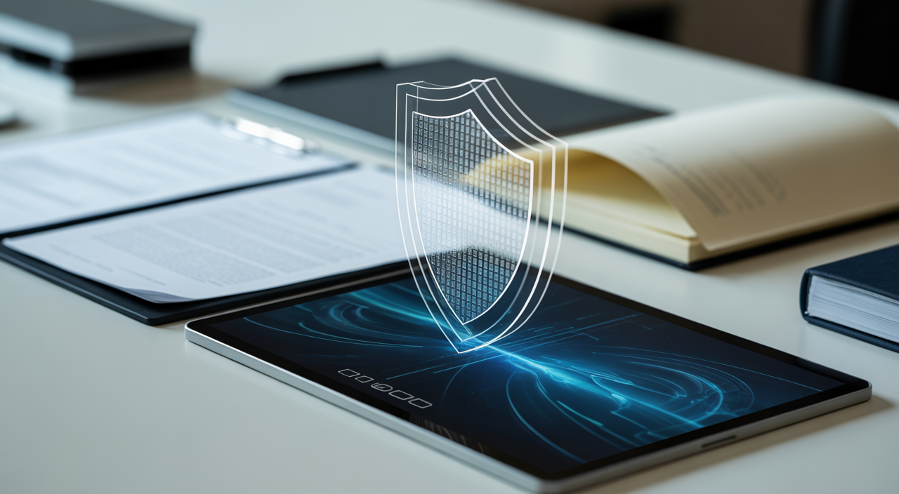 A lawyer's desk with SaaS legal documents and a tablet, symbolizing contract protection for digital businesses.
