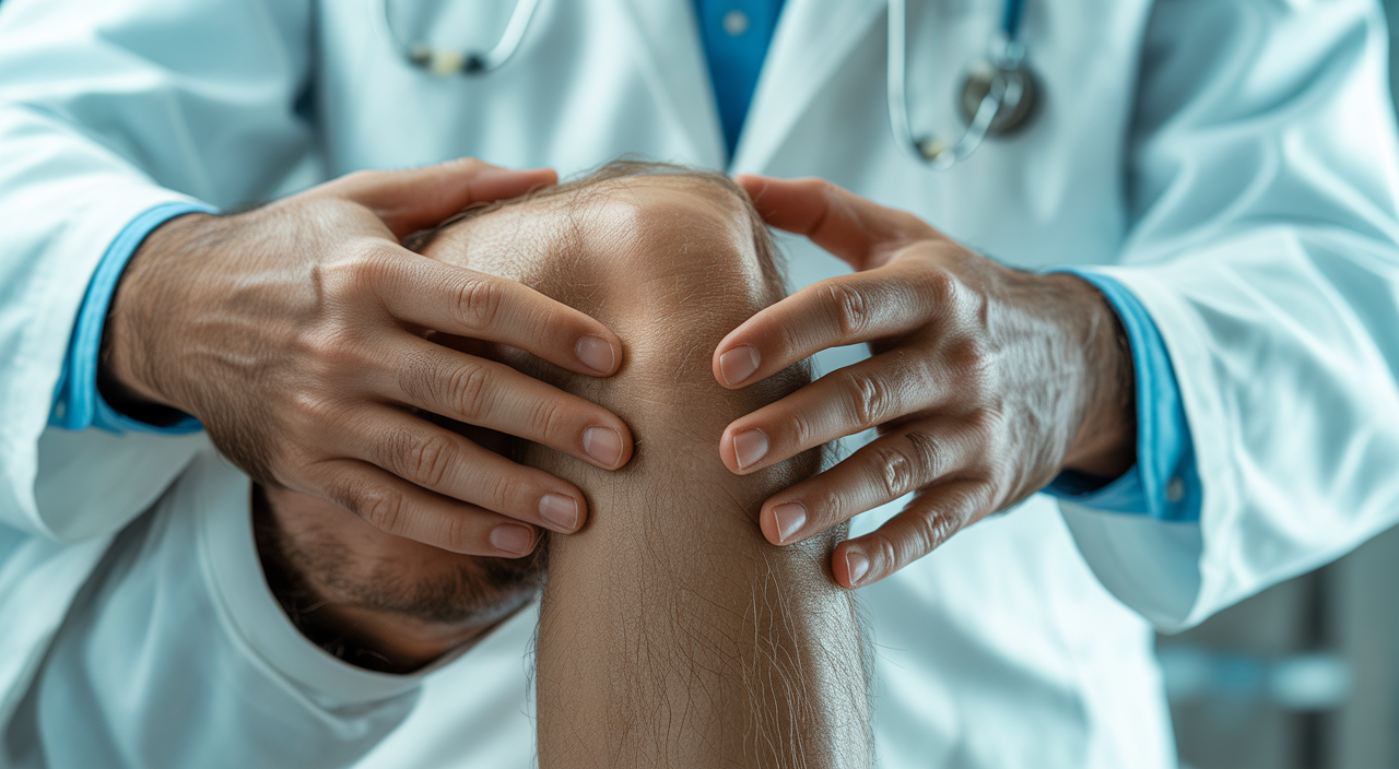 Orthopedic surgeon's hands examining a patient's knee, representing expert joint health care and recovery.