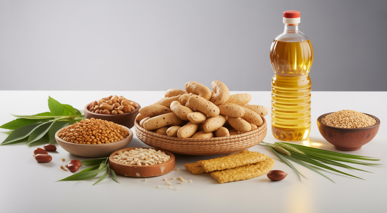 Assortment of clean Telugu snacks like murukku, banana chips, and roasted green peas with healthy ingredients on a white background, symbolizing guilt-free eating.