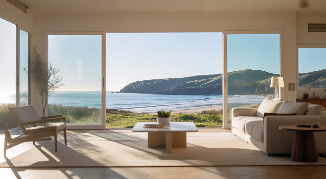 Sparkling living room in a Santa Cruz home with a coastal view, reflecting professional cleaning.